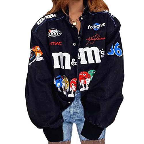 nicticsi Damen Bomberjacke College Oversized Patchwork Bedruckte Jacke 90S Vintage Racing Sweatjacke Reißverschluss Sweat Jacket Baseball Mantel Übergangsjacke Teenager Frühling Herbst A1 Schwarz S von nicticsi