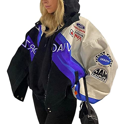 nicticsi Damen Bomberjacke College Oversized Patchwork Bedruckte Jacke 90S Vintage Racing Sweatjacke Reißverschluss Sweat Jacket Baseball Mantel Übergangsjacke Teenager Frühling Herbst A2 Violett S von nicticsi