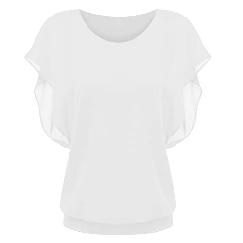 nicticsi Damen Falten Kurzarm Chiffon Bluse Tunika Fledermaus Batwing T-Shirts Rundhals Top Sommer Oberteile Casual Basic Shirts B Weiß L von nicticsi