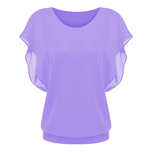 nicticsi Damen Falten Kurzarm Tunika Chiffon Bluse Fledermaus Batwing T-Shirts Rundhals Top Sommer Mesh Rundhals Oberteile Casual Basic Shirts B Violett2 XL von nicticsi