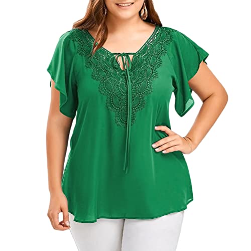 nicticsi Damen Falten Kurzarm Tunika Chiffon Bluse Fledermaus Batwing T-Shirts Rundhals Top Sommer Mesh Rundhals Oberteile Casual Basic Shirts E Grün XL von nicticsi