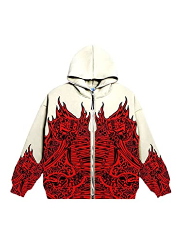 nicticsi Damen Herren Kapuzenpullover Zip Up Hoodie Hip Hop Sweatshirt Jacke Goth Druck Kapuzenjacke Mit Reißverschluss Straßenmode Vintage Y18K Harajuku Paare Unisex Rot R S von nicticsi