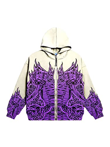 nicticsi Damen Herren Kapuzenpullover Zip Up Hoodie Hip Hop Sweatshirt Jacke Goth Druck Kapuzenjacke Mit Reißverschluss Straßenmode Vintage Y21K Harajuku Paare Unisex Violett R M von nicticsi