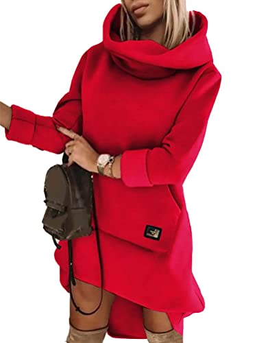 nicticsi Damen Hoodie Kleid Langarm Vintage Mode Streetwear Pullover Sweatshirt Casual Kapuzenpullover Tops Herbst Winter Minikleid mit Tasche A Rot XXL von nicticsi