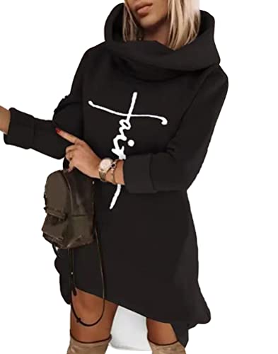 nicticsi Damen Hoodie Kleid Langarm Vintage Mode Streetwear Pullover Sweatshirt Casual Kapuzenpullover Tops Herbst Winter Minikleid mit Tasche B Schwarz XXL von nicticsi