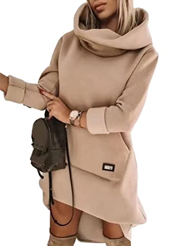 nicticsi Damen Hoodie Kleid Pullover Langarm Sweatshirts Kapuzenpullover Tops Herbst Mini Kleid Mit Taschen Lässig Langarm Tunika Kleider Sweatkleid mit Kapuze A Khaki XL von nicticsi