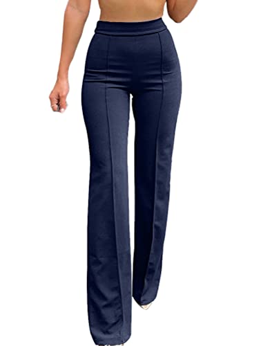 nicticsi Damen Hosen Hohe Taille Breites Bein Palazzo Hose Schlaghose Anzughose Business Einfarbige Lange Geradehose Skinny Freizeithose A Navy Blau M von nicticsi