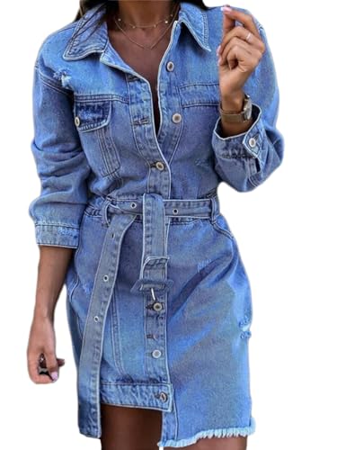 nicticsi Damen Jeanskleid Sommer Kurze Ärmel A-Linie Kleid Frühling Casual Blue Button Shirt Kleid Knielang Denim Blusekleid Hemdkleid Sommerkleid A-05 M von nicticsi