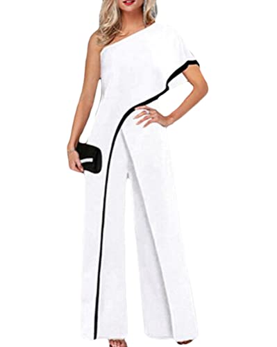 nicticsi Damen Jumpsuit Elegant Langarm Patchwork Hohe Taille Cocktail Party Festlich Overalls Hosenanzug Playsuit Lang Romper A Weiß XXL von nicticsi