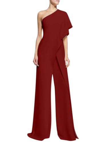 nicticsi Damen Jumpsuit Lang Elegant Festlich Overall Sommer Abendmode Blazer Hosenanzug Business Eeinteiler Anzughose Hochzeit Playsuit Romper High Waist Hose Weites Bein Spielanzug Rotwein 3XL von nicticsi