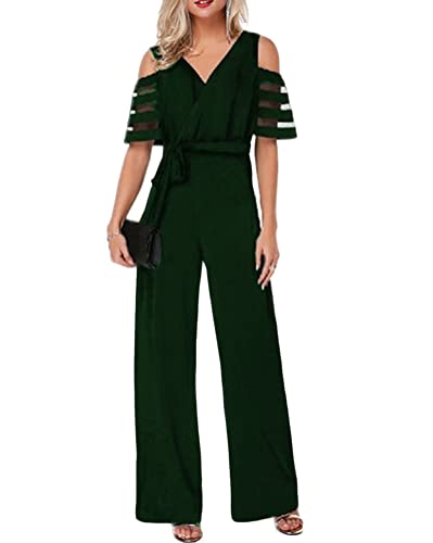 nicticsi Damen Jumpsuit mit Bindegürtel Rundhalsausschnitt Elegant Kurze Ärmel Jumpsuit lang Overall Hosenanzug Playsuit Romper C Armeegrün XL von nicticsi