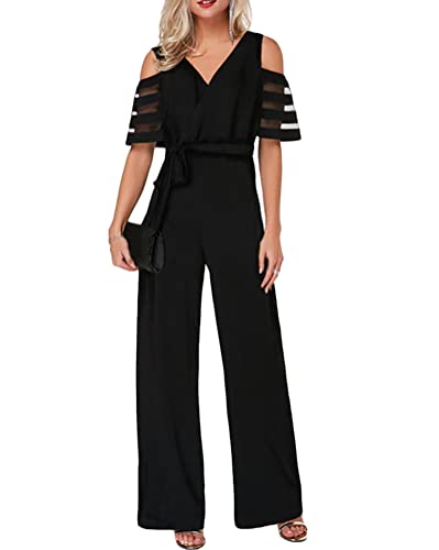 nicticsi Damen Jumpsuit mit Bindegürtel Rundhalsausschnitt Elegant Kurze Ärmel Jumpsuit lang Overall Hosenanzug Playsuit Romper C Schwarz S von nicticsi