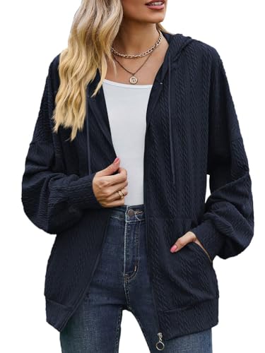 nicticsi Damen Kapuzenjacke Pullover Vintage Oversize Sweatjacke Loser Beschlag Sweatshirt College Jacke Übergangsjacke Zip Hoodie Hoody mit Tasche A Dunkelblau XL von nicticsi