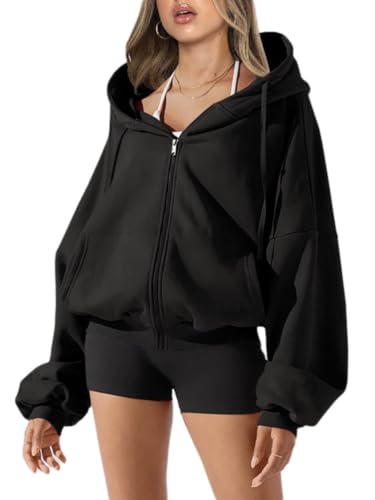 nicticsi Damen Kapuzenpullover Hoodie Sweatshirt mit Kapuze Oberteile Zip Up Casual Langarm Shirts für Frauen Sweatjacke Einfarbig Tops mit Tasche A Schwarz S von nicticsi