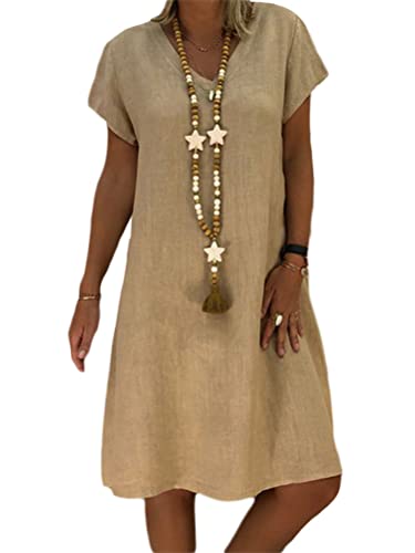 nicticsi Damen Kleider Sommerkleid V-Ausschnitt Kurzarm Blusenkleid Strandkleider Sommer Knielang Kleid Tunikakleider Freizeitkleid B Khaki XL von nicticsi