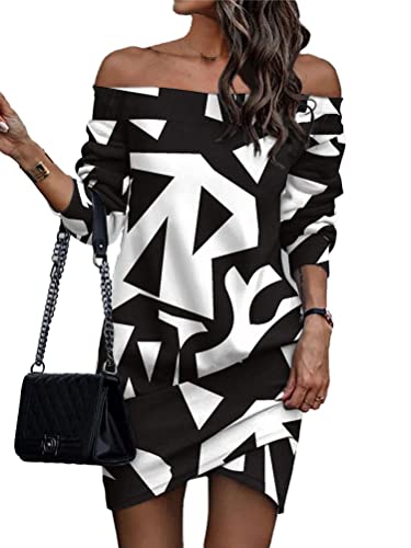 nicticsi Damen Kleider Stehkragen Minikleid Langarm Mode Drucke Bodycon Abendkleid Elegant Wickelkleid Freizeitkleid Partykleid Herbst Winter A Schwarz XL von nicticsi
