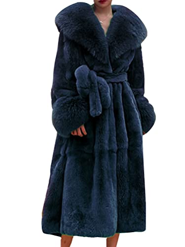 nicticsi Damen Kunstpelz Mantel Winter Lange Warme Cardigan Parka mit Kapuze Faux Fur Kunstfell Jacke Teddy Coat Winterjacke Steppjacke B Blau M von nicticsi