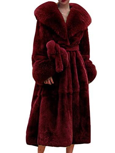 nicticsi Damen Kunstpelz Mantel Winter Lange Warme Cardigan Parka mit Kapuze Faux Fur Kunstfell Jacke Teddy Coat Winterjacke Steppjacke B Burgundisch XXL von nicticsi