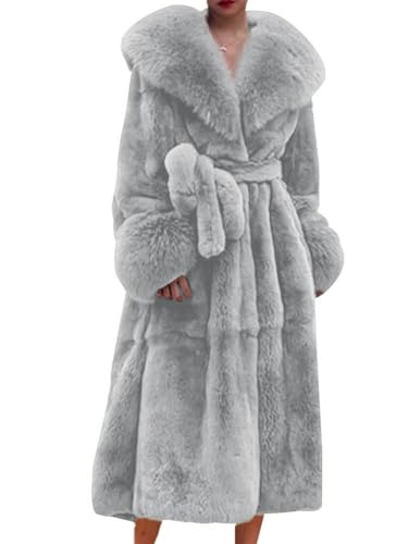 nicticsi Damen Kunstpelz Mantel Winter Lange Warme Cardigan Parka mit Kapuze Faux Fur Kunstfell Jacke Teddy Coat Winterjacke Steppjacke B Grau 3XL von nicticsi