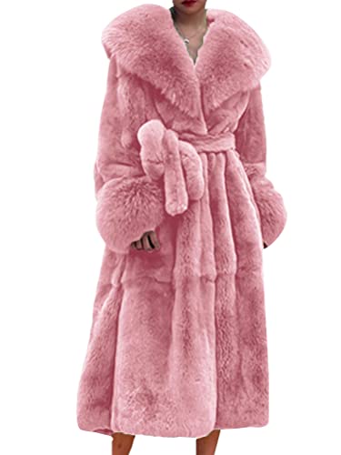 nicticsi Damen Kunstpelz Mantel Winter Lange Warme Cardigan Parka mit Kapuze Faux Fur Kunstfell Jacke Teddy Coat Winterjacke Steppjacke B Rosa 3XL von nicticsi