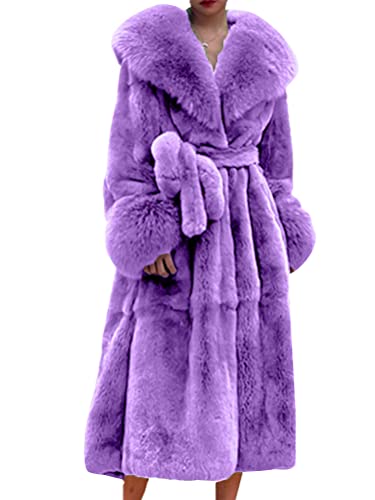 nicticsi Damen Kunstpelz Mantel Winter Lange Warme Cardigan Parka mit Kapuze Faux Fur Kunstfell Jacke Teddy Coat Winterjacke Steppjacke B Violett 3XL von nicticsi