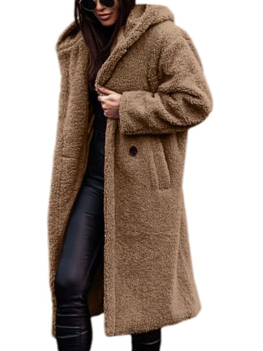 nicticsi Damen Kunstpelz Mantel Winter Lange Warme Cardigan Parka mit Kapuze Verdickter Kunstfell Jacke Teddy Coat Knopf Winterjacke Steppjacke A Beige L von nicticsi