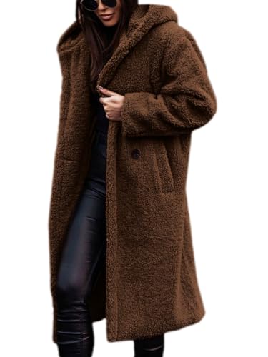 nicticsi Damen Kunstpelz Mantel Winter Lange Warme Cardigan Parka mit Kapuze Verdickter Kunstfell Jacke Teddy Coat Knopf Winterjacke Steppjacke A Dunkelbraun M von nicticsi