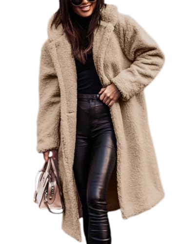 nicticsi Damen Kunstpelz Mantel Winter Lange Warme Cardigan Parka mit Kapuze Verdickter Kunstfell Jacke Teddy Coat Knopf Winterjacke Steppjacke A Grau L von nicticsi