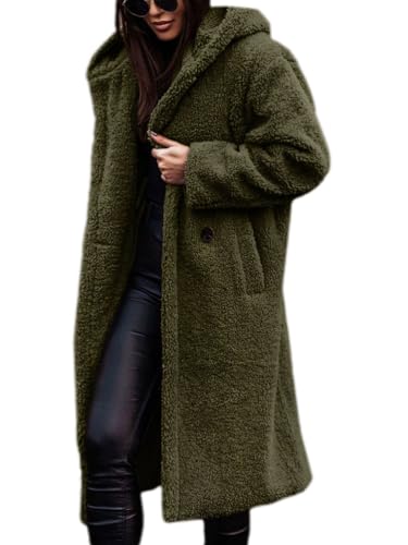 nicticsi Damen Kunstpelz Mantel Winter Lange Warme Cardigan Parka mit Kapuze Verdickter Kunstfell Jacke Teddy Coat Knopf Winterjacke Steppjacke A Grün L von nicticsi