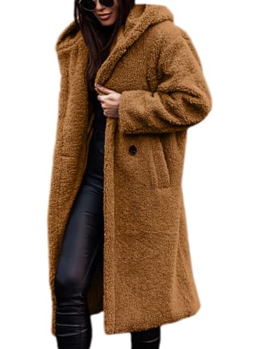nicticsi Damen Kunstpelz Mantel Winter Lange Warme Cardigan Parka mit Kapuze Verdickter Kunstfell Jacke Teddy Coat Knopf Winterjacke Steppjacke A Kaffee L von nicticsi