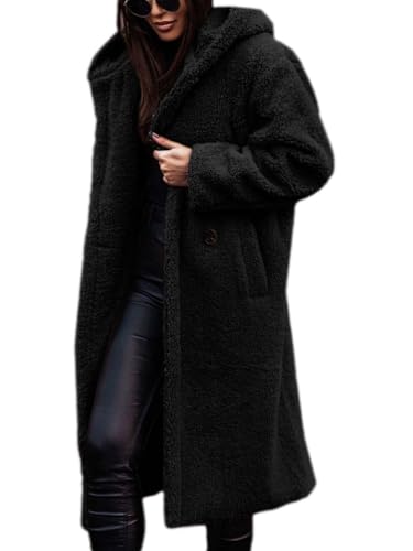 nicticsi Damen Kunstpelz Mantel Winter Lange Warme Cardigan Parka mit Kapuze Verdickter Kunstfell Jacke Teddy Coat Knopf Winterjacke Steppjacke A Schwarz S von nicticsi