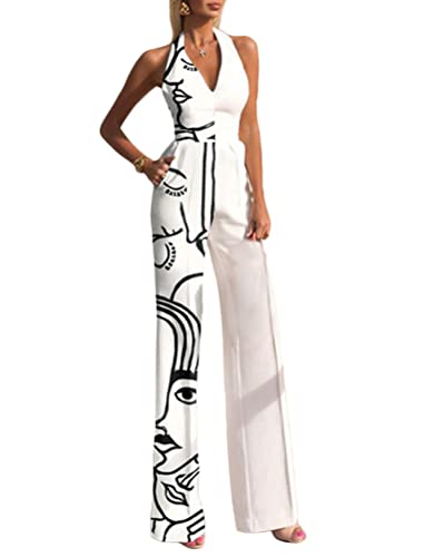 nicticsi Damen Kurzarm Lang Jumpsuit Elegant Overall Jumpsuit Playsuit Rückenfrei Sexy Hosen mit Gürtel E Weiß L von nicticsi