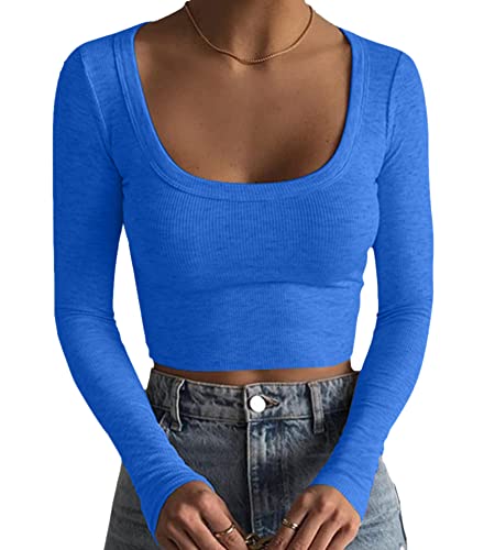 nicticsi Damen Langarmshirt Strick Crop Top Elegant Quadratischem Kragen Slim Fit Oberteile Basic Einfarbig Pullover Langarm T-Shirt Sexy Bauchfrei Blouse Y2K Ribbed Streetwear A Blau S von nicticsi