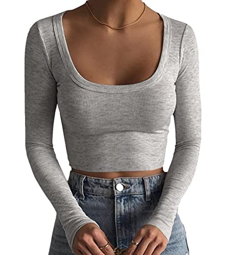 nicticsi Damen Langarmshirt Strick Crop Top Elegant Quadratischem Kragen Slim Fit Oberteile Basic Einfarbig Pullover Langarm T-Shirt Sexy Bauchfrei Blouse Y2K Ribbed Streetwear A Grau S von nicticsi