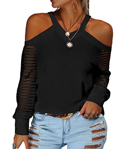 nicticsi Damen Langarmshirt T-Shirt Cold Shoulder Schulterfrei Langarm Oberteile Casual Elegant V-Ausschnitt Tunika Bluse Shirt Tops A Schwarz L von nicticsi