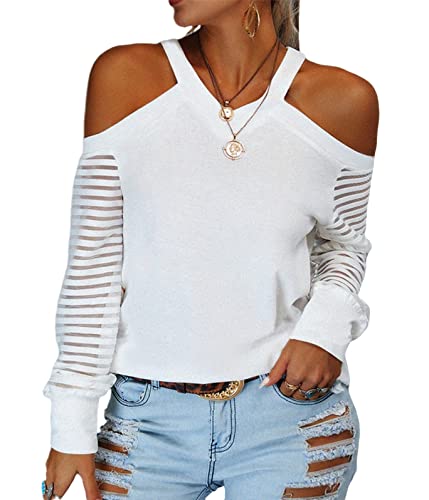 nicticsi Damen Langarmshirt T-Shirt Cold Shoulder Schulterfrei Langarm Oberteile Casual Elegant V-Ausschnitt Tunika Bluse Shirt Tops A Weiß XL von nicticsi