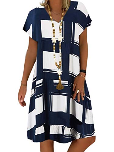 nicticsi Damen Sommerkleid Leinen Kleider Strand Elegant V-Ausschnitt Kurzarm Strandkleider Einfarbig A-Linie Kleid Boho Knielang Kleid 3 Blau 42 von nicticsi