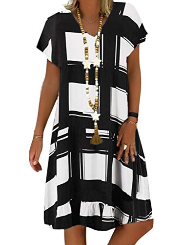 nicticsi Damen Sommerkleid Leinen Kleider Strand Elegant V-Ausschnitt Kurzarm Strandkleider Einfarbig A-Linie Kleid Boho Knielang Kleid 3 Schwarz 44 von nicticsi