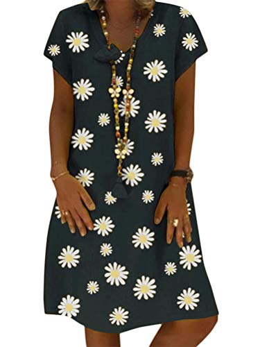 nicticsi Damen Sommerkleid Leinen Kleider Strand Elegant V-Ausschnitt Kurzarm Strandkleider Einfarbig A-Linie Kleid Boho Knielang Kleid 4 Schwarz 46 von nicticsi