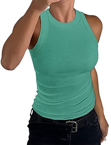 nicticsi Damen Tanktop Ärmellose Rundhals Oberteile Basic Sommer Racerback Slim Fit Neckholder Shirts Elegant Ribbed Knit Cami Top Mode Einfarbig Unterhemden Crop Tops A Grün L von nicticsi