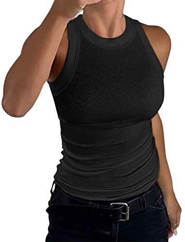 nicticsi Damen Tanktop Ärmellose Rundhals Oberteile Basic Sommer Racerback Slim Fit Neckholder Shirts Elegant Ribbed Knit Cami Top Mode Einfarbig Unterhemden Crop Tops A Schwarz L von nicticsi