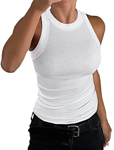 nicticsi Damen Tanktop Ärmellose Rundhals Oberteile Basic Sommer Racerback Slim Fit Neckholder Shirts Elegant Ribbed Knit Cami Top Mode Einfarbig Unterhemden Crop Tops A Weiß XL von nicticsi