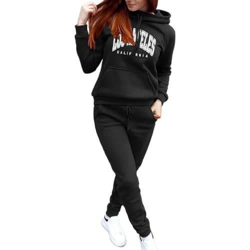 nicticsi Damen Tracksuit Langarm Rundhalsausschnitt Einfarbig Warm Zweiteiler Outfit Hoodie Jogger Trainingsanzug Set Sweatshirt + Jogginghose Buchstabe Druck Suit B Schwarz S von nicticsi