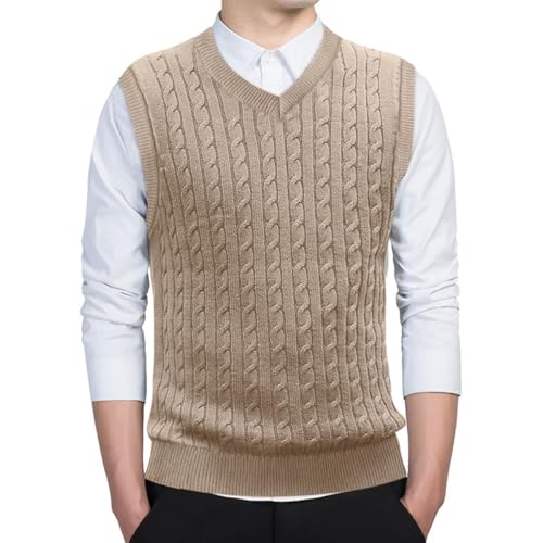 nicticsi Herren Business West Einfarbige Strickweste mit V-Ausschnitt Feinstrick Pullunder Klassisch Herbst Weste Ärmellose Pullover Elegant Thermoweste Männer Vielseitige Weste C Khaki XL von nicticsi