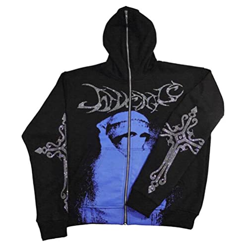 nicticsi Herren Damen Kapuzenpullover Zip Up Hoodie Hip Hop Sweatshirt Jacke Goth Druck Kapuzenjacke mit Reißverschluss Straßenmode Vintage Y2K Harajuku Paare Unisex Herbst Frühling Blau I M von nicticsi