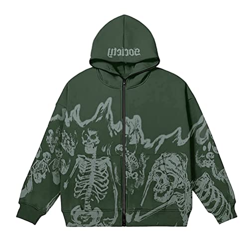 nicticsi Herren Damen Kapuzenpullover Zip Up Hoodie Hip Hop Sweatshirt Jacke Goth Druck Kapuzenjacke mit Reißverschluss Straßenmode Vintage Y2K Harajuku Paare Unisex Herbst Frühling Grau C L von nicticsi