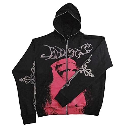 nicticsi Herren Damen Kapuzenpullover Zip Up Hoodie Hip Hop Sweatshirt Jacke Goth Druck Kapuzenjacke mit Reißverschluss Straßenmode Vintage Y2K Harajuku Paare Unisex Herbst Frühling Rot I L von nicticsi