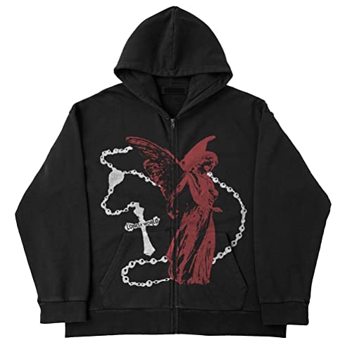 nicticsi Herren Damen Kapuzenpullover Zip Up Hoodie Hip Hop Sweatshirt Jacke Goth Druck Kapuzenjacke mit Reißverschluss Straßenmode Vintage Y2K Harajuku Paare Unisex Herbst Frühling Schwarz K L von nicticsi