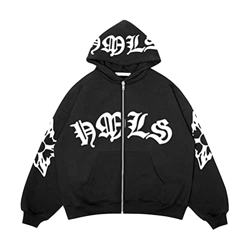 nicticsi Herren Damen Kapuzenpullover Zip Up Hoodie Hip Hop Sweatshirt Jacke Goth Druck Kapuzenjacke mit Reißverschluss Straßenmode Vintage Y2K Harajuku Paare Unisex Herbst Frühling Schwarz N M von nicticsi