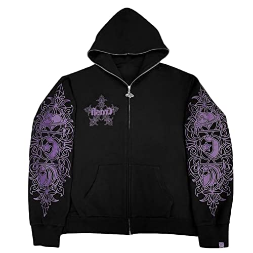 nicticsi Herren Damen Kapuzenpullover Zip Up Hoodie Hip Hop Sweatshirt Jacke Goth Druck Kapuzenjacke mit Reißverschluss Straßenmode Vintage Y2K Harajuku Paare Unisex Herbst Frühling Schwarz3 A L von nicticsi